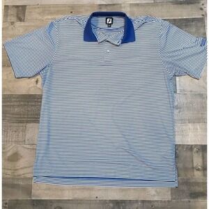 FootJoy FJ Golf Polo Men's XL Golf Logo‎ White Blue Striped Stretchy Performance